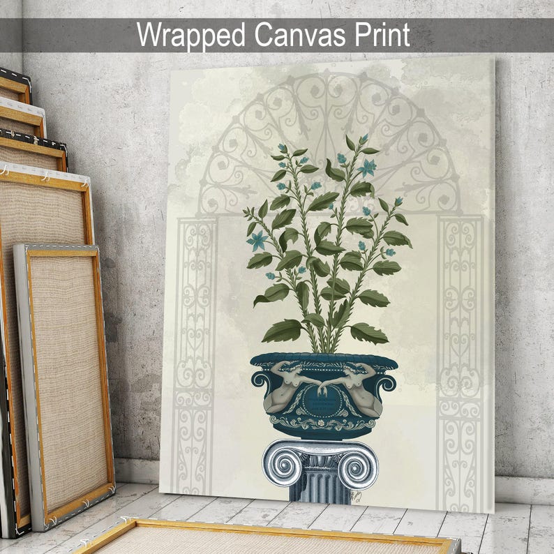 Roman vase on pedestal, Botanical art print, Decorative framed art, Ornate home decor, Planted urn illustration, Large canvas art classical image 5