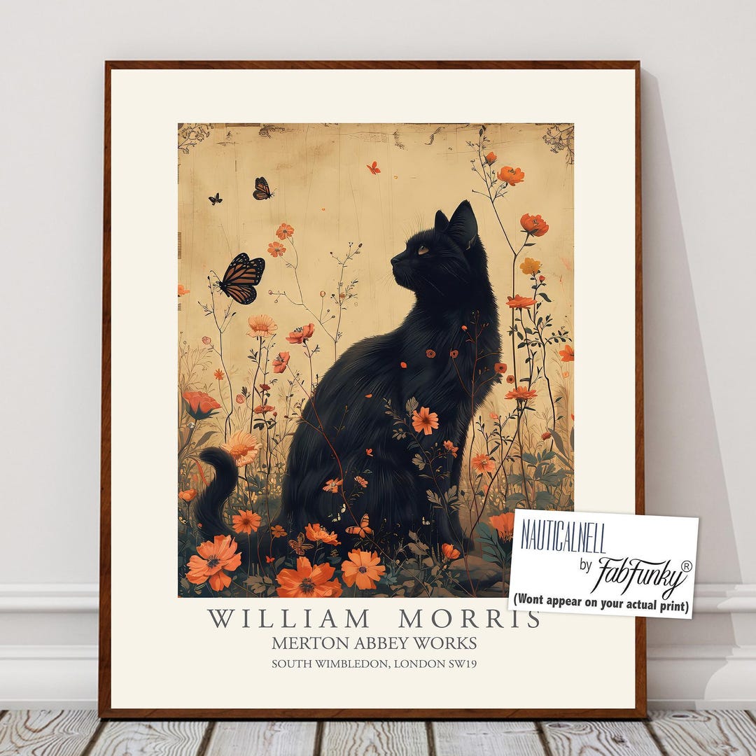 Meowler William Morris Style Cute Black Cat Print, William Morris Poster ...