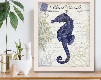 Seahorse Art Print – Seaside Postcard Series, French Coastal Decor