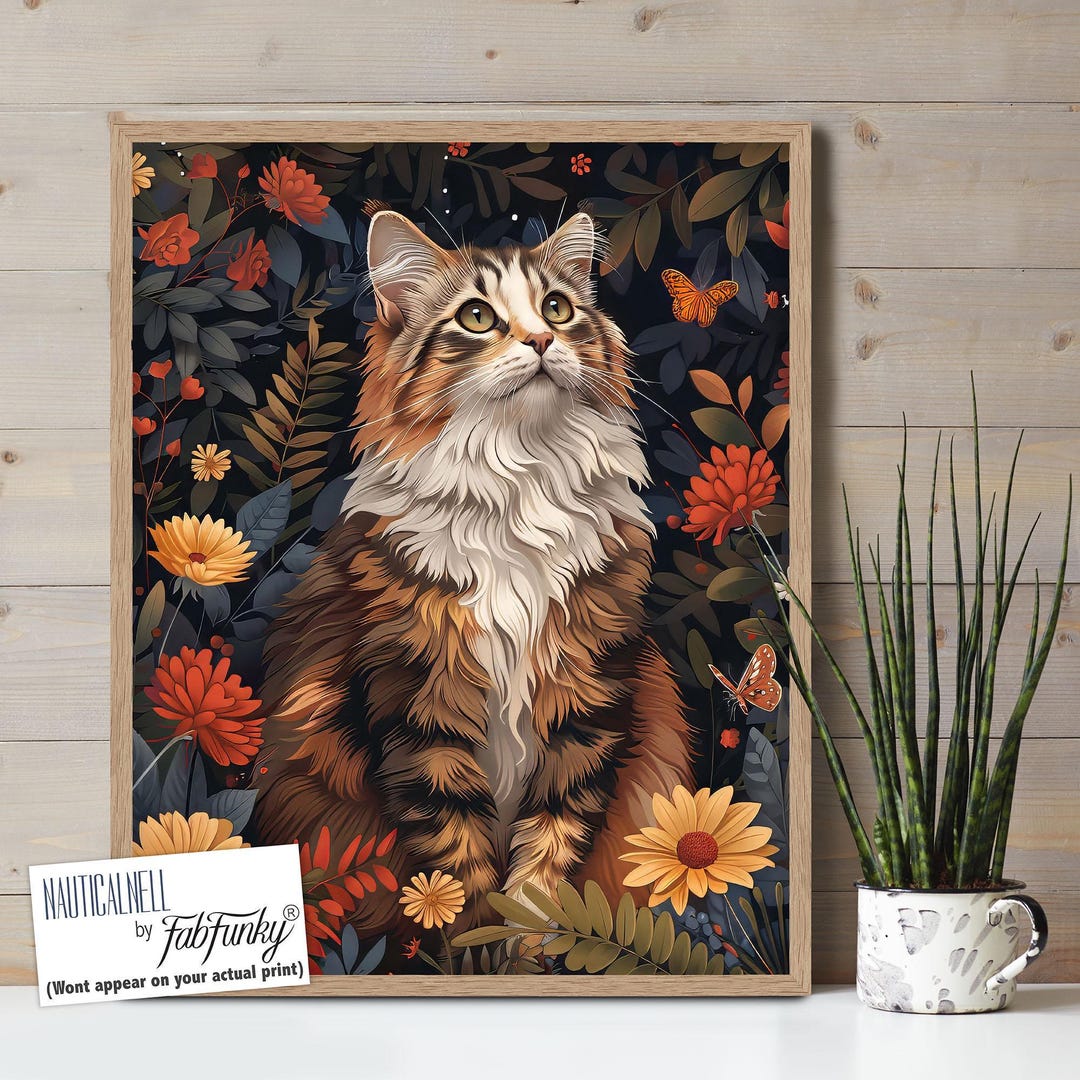 Cute Long Haired Tortoiseshell Cat Art Print, Whimsical Cat Wall