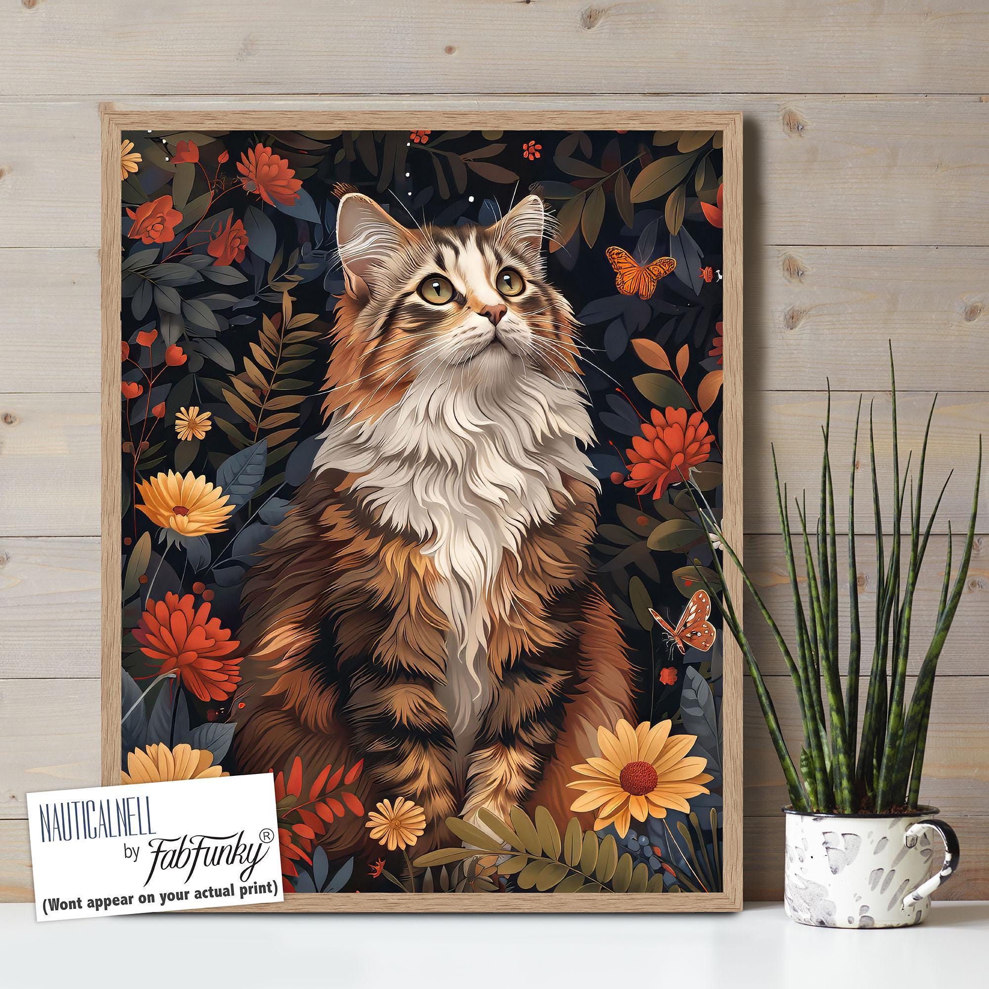 Tortoiseshell Cat Art Print, Dark Floral, Vintage Style Poster - Etsy