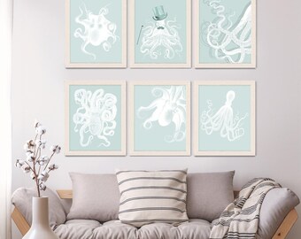 Octopus Art Print Set of 6 – Nautical Coastal Wall Decor