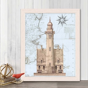 Vuurtorenprint - Vuurtoren en huis op nautische kaart vuurtorendecor marine print nautisch hut decor nautisch cadeaus voor mannen cadeau voor papa
