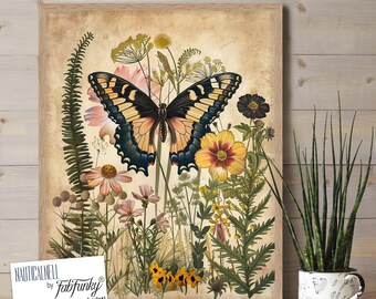 Butterfly Botanical Art Print, William Morris Style, Woodland Decor