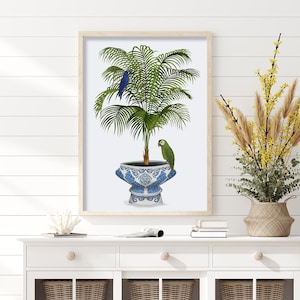 Palm chinoiserie art with parrots, Botanical print of green leaf palm with tropical birds, Oriental vase art in blue & white Framed unframed