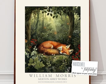 William Morris style print, William Morris poster, Sleeping Fox Illustration, Vintage style Botanical poster, Woodland animal wall art