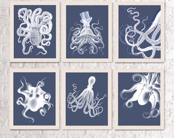 Octopus Prints x6 White on Indigo Blue - Octopus art Nautical print beach decor wall decor beach house bathroom decor