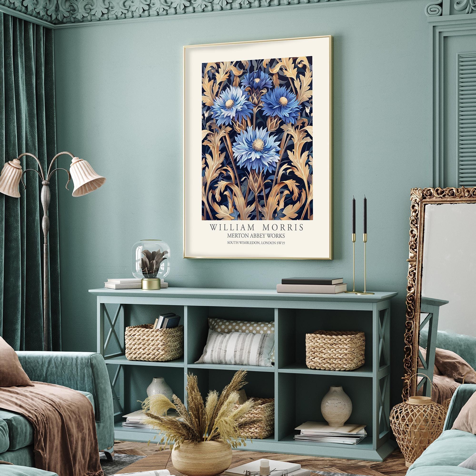 William Morris Style Floral Print, Blue Cornflower Flower Poster