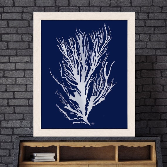 Navy Blue Decor, Seaweed Art, Seaweed Print, Coastal Room Decor