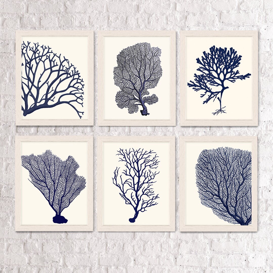 Coral Home Decor Set of 6 Blue Coral Prints 2 Nautical Bedroom Art Navy
