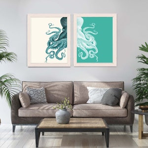 Octopus Prints Turquoise & cream Set of 2 , Octopus art Nautical Print Beach Decor bathroom Decor Nautical Decor Wall Art Beach House Decor image 3