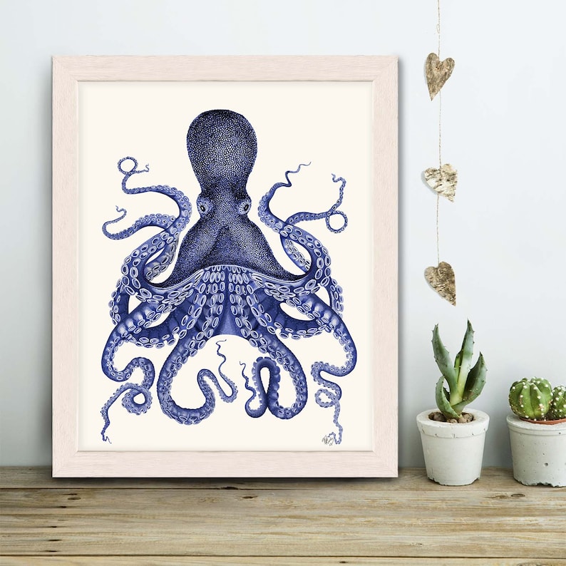 Octopus Print Blue Octopus Print 3 Nautical Home Decor Octopus wall art Octopus poster Bathroom decor Bathroom wall art Beach House Decor image 4