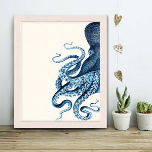 Octopus Half Blue/Cream, Nautical print beach house decor wall decor octopus decor octopus print bathroom decor illustration bathroom poster