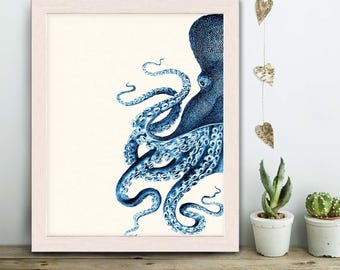 Octopus Half Blue/Cream, Nautical print beach house decor wall decor octopus decor octopus print bathroom decor illustration bathroom poster