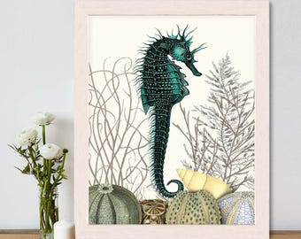 Seahorse Print - Seahorse & Sea Urchins Nautical print beach house decor Seahorse wall decor nautical decor bathroom decor nautical wall art