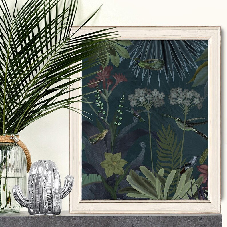 Tropical flower art, bird art print, botanical wall art, floral decor, tropical print living room decor, large canvas - Hummingbird garden 2 image 2