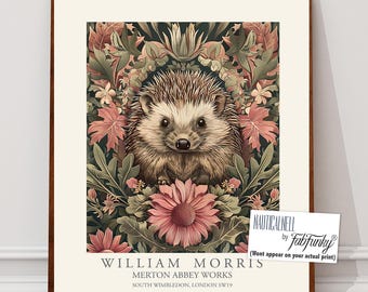 William Morris style print, William Morris poster, Cute Hedgehog Illustration, Vintage style Botanical poster, Woodland Animal wall art