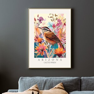 Cactus Wren Arizona State Bird Print, Modern abstract style wall art Home Decor, Backyard Birds of AZ USA, Large Colorful Boho Canvas Poster