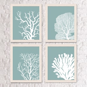 Set 4 Coral Prints Mist Blue/Green, Nautical print nautical Poster coral art Wall Art Wall Decor Wall Hanging beach house bathroom poster image 2