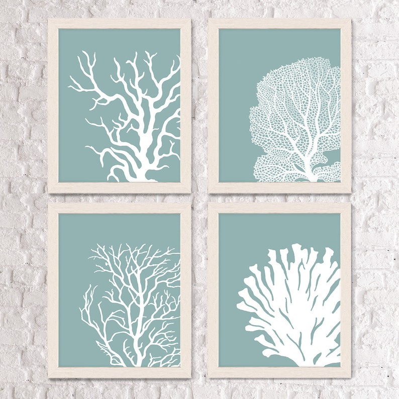 Set 4 Coral Prints Mist Blue/Green, Nautical print nautical Poster coral art Wall Art Wall Decor Wall Hanging beach house bathroom poster image 2