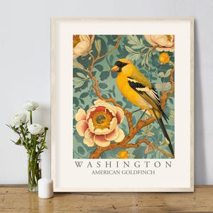 Impresión artística de pájaro del estado de Washington, jilguero americano, decoración de pared estilo William Morris, pájaros de patio trasero WA, PNW Póster colorido grande