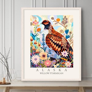 Willow Ptarmigan Alaska State Bird Print, Modern abstract style wall art Home Decor, Backyard Birds of AK, Large Colorful Boho Canvas Poster