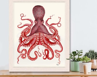 Octopus Print  Red Octopus 3, octopus illustration kraken print octopus bathroom print red art print Octopus poster Octopus wall art coastal