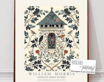 William Morris style bird print, Dovecot Illustration, William Morris poster, Large Vintage style wall art, Wildlife nature lover, birdhouse