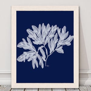 Nautical home decor, coastal living ideas, statement piece, ocean painting, blue room decor, seaweed print - Seaweed 4 white on navy blue