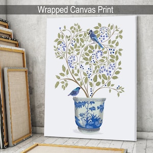 Blueberry tree chinoiserie planter and blue birds, Framed art, unframed print or canvas art made in UK, Oriental wall art for living room image 5