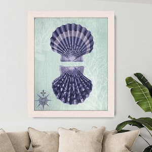 Blue Sea shell art print - Blue Scallop Shells - sea shell print Seashell Illustrations Shell art coastal decor Bathroom wall art Bedroom