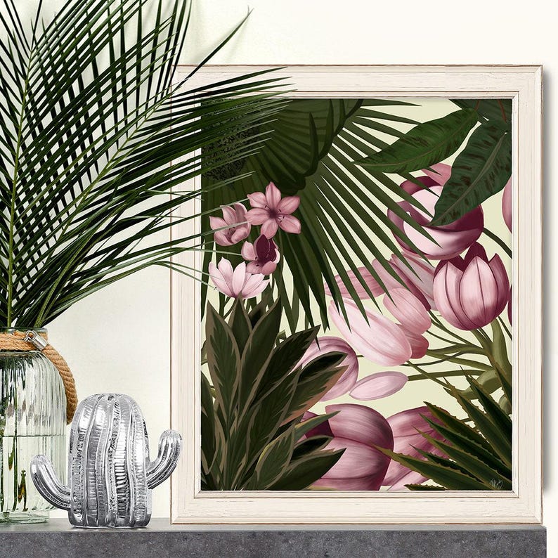 Large floral prints, tropical wall art botanical room decor, pink flower, tropical flower, living room decor, pink room - Tropical Blush 2 image 3