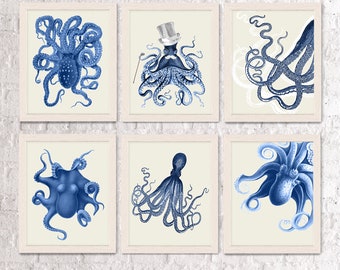 Octopus Print Blue/Cream Set of 6- Nautical Print Nautical Nursery Decor octopus art print Octopus wall art Bathroom wall art Bathroom decor