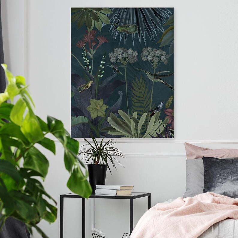 Tropical flower art, bird art print, botanical wall art, floral decor, tropical print living room decor, large canvas - Hummingbird garden 2 image 7
