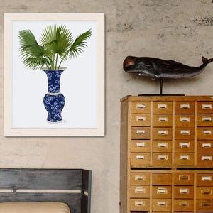 Interiores florais - Vaso Chinoiserie 8 com planta Vaso azul e branco Decoração com folha de palmeira Decoração para casa em estilo chinês Decoração de parede para corredor Leste Asiático
