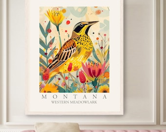 Western Meadowlark Print, Montana State Bird Art, Colorful Boho Home Decor