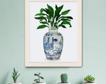 Wazon w stylu chinoiserie, niebiesko-biały garnek, sztuka ścienna z motywem botanicznym