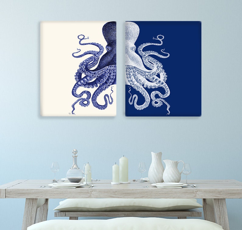 Bathroom Decor 2 Octopus Prints NAVY Blue /Cream Nautical Decor bathroom wall decor Octopus Wall Art Octopus Decor home Decor Bathroom wall image 4