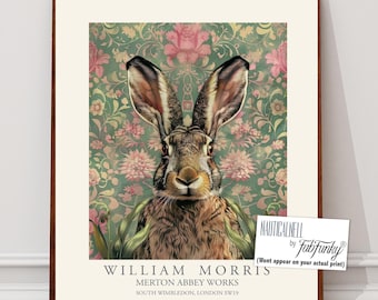 William Morris style print, William Morris poster, Hare Illustration, Vintage style Botanical, Woodland cute rabbit, large wall art animal