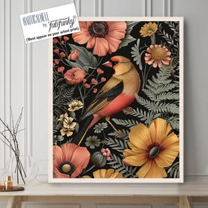 Goldfinch Illustration, Goldfinch Art Print, Large Vintage style wall art, William Morris style garden bird poster, Birds of the garden