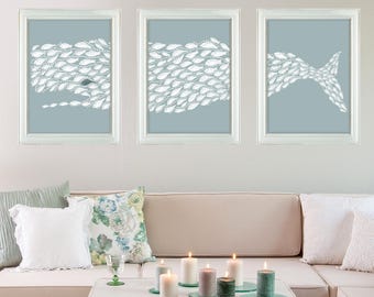 Conjunto de três ilustrações de baleias, decoração para casa de praia, ilustração de peixe.