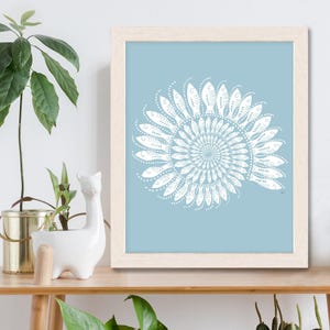 Blue and white print, Fish wall art, Shell picture, Sea shell art, Nautical poster, Bathroom decor, Large canvas print, Fish illustration