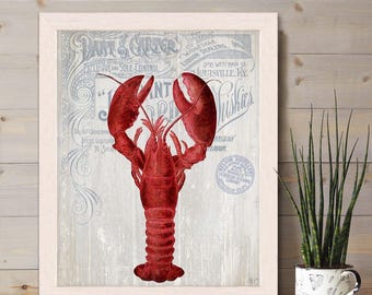 Vintage Lobster Art Print - Nautical Coastal Home Decor