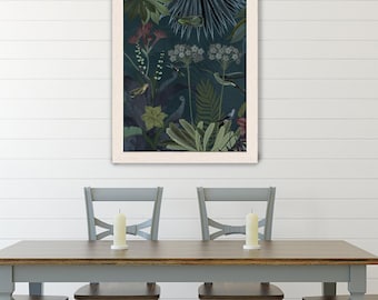 Tropical flower art, bird art print, botanical wall art, floral decor, tropical print living room decor, large canvas - Hummingbird garden 2