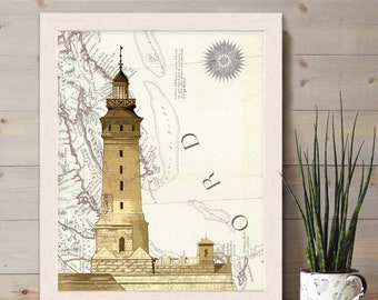 Lighthouse print - Lighthouse on rock on Nautical Map print - lighthouse art lighthouse decor Nautical print Nautical Wall Decor fathers day