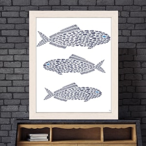Blue fish print, Fish painting, Fishing gift, Sealife fish decor, Fish bathroom, Nautical wall art, Blue and white art, Beach house poster
