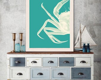 Crab, White on Turquoise Nautical print, sea picture, beach decor, wall decor, marine painting, crab print, nautical picture bathroom