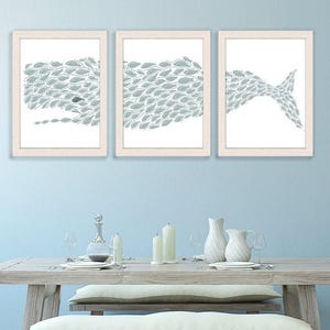 Blaue kleine Fische, Walfisch-Druck, Giclee 3er Set, Giclee Poster, Nautische Wohnkultur, Küstenwandkunst, Blaue und weiße Kunst