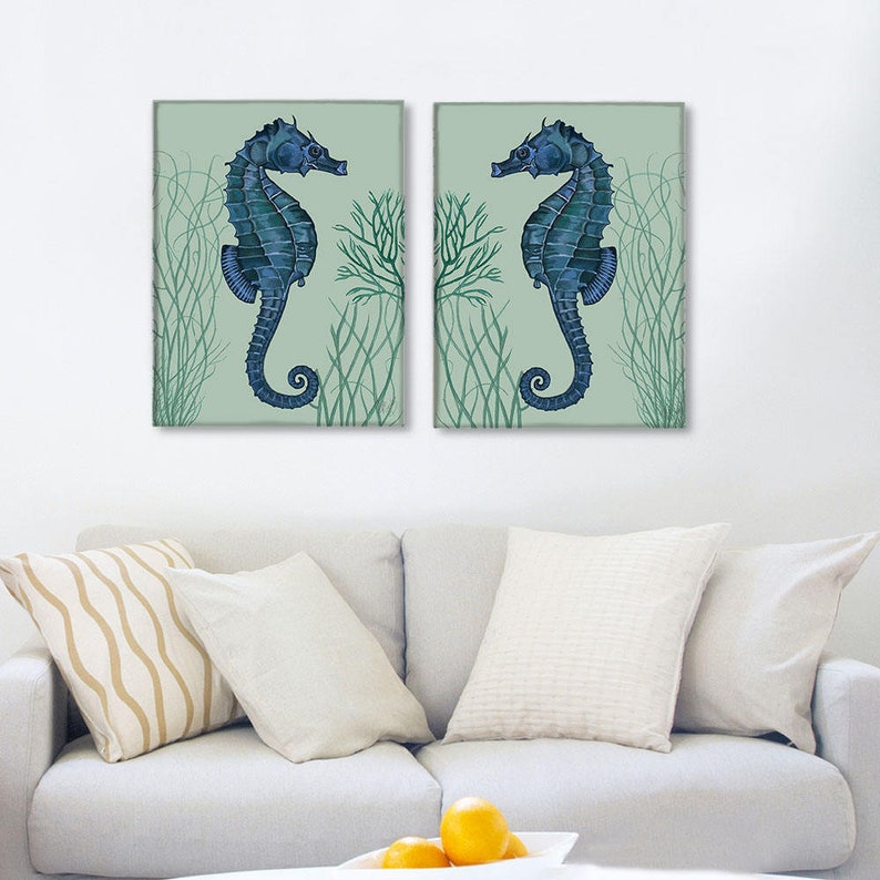 Nautical Print Beach Decor bathroom Decor Beach House Decor Seahorse Illustration Painting Seahorse Prints blue on pale greensage Set of 2