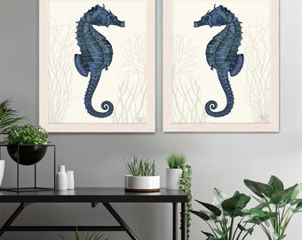 Seahorse Prints Blue On Cream Set of 2, Nautical Print Beach Decor bathroom Decor Beach House Decor Seahorse wall decor Digital Painting